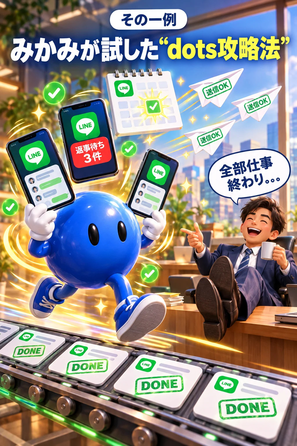 その一例：みかみが試した“dots攻略法”。dotsが返事待ち3件のLINEを拾い、カレンダーと照らして、返信を送信OKで次々片付ける。「全部仕事終わり。。。」