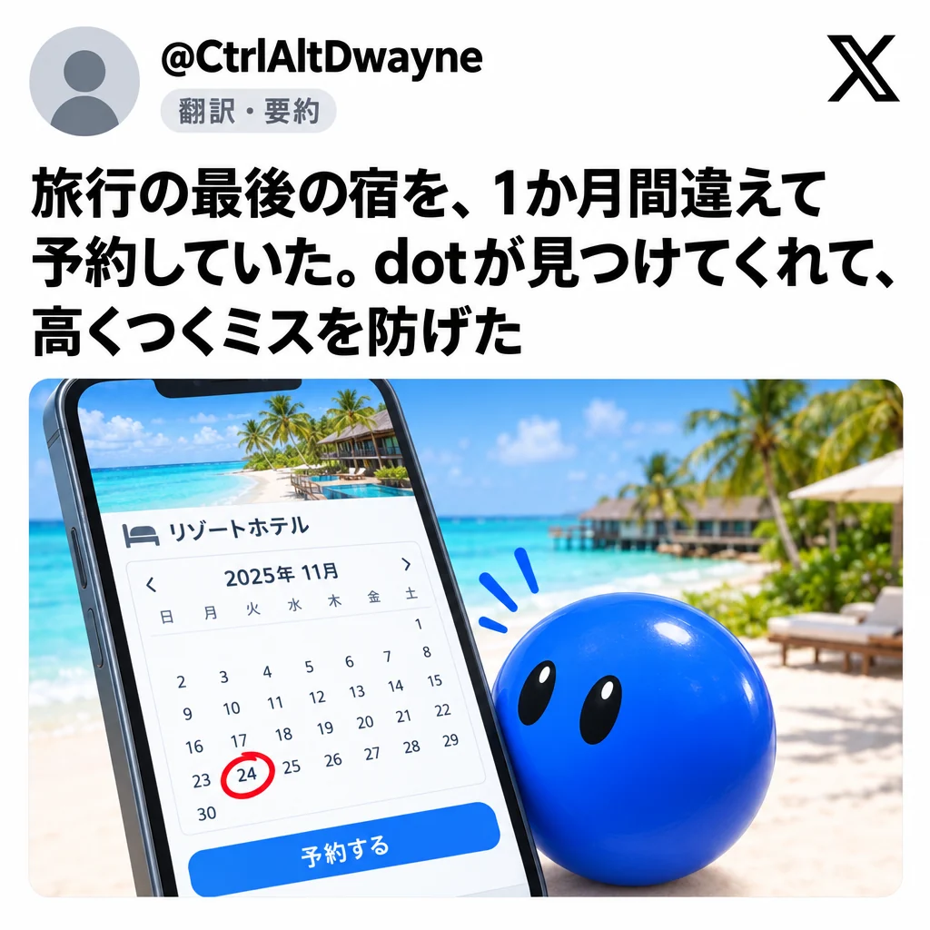 @CtrlAltDwayne：旅行の最後の宿を1か月間違えて予約していた。dotが見つけてくれた