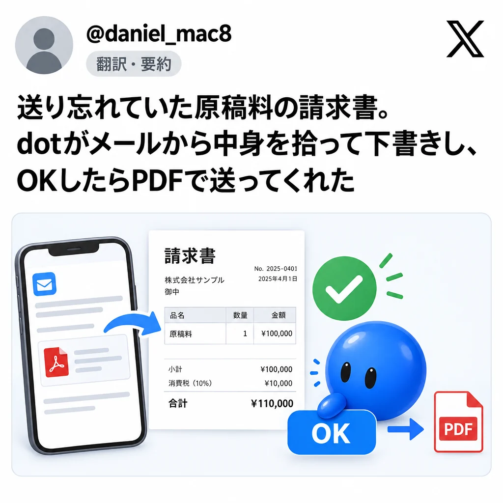 @daniel_mac8：送り忘れていた原稿料の請求書。dotがメールから中身を拾って下書きし、OKしたらPDFで送ってくれた